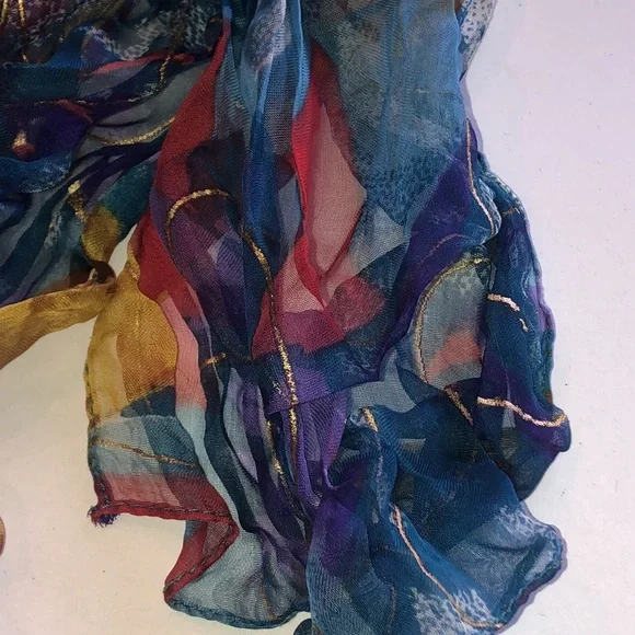 Vintage Multicolor Lightweight Sheer Scarf - Blue, Red & Gold - Picture 3 of 7